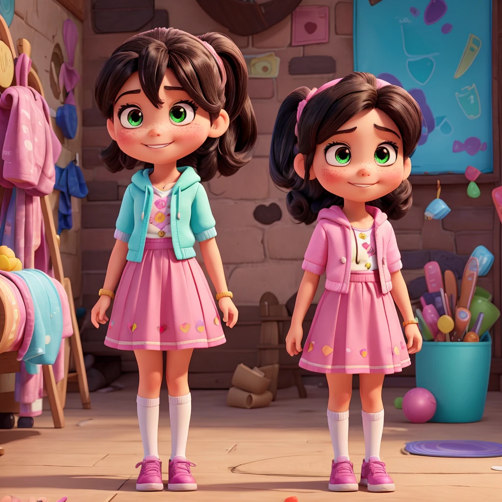 Vanellope von Schweetz is an animated character from the film "Ralph the devastating" (Wreck-It Ralph). Here is a detailed description of the character that you can use to generate or search for an image:
1. **Appearance**:
- **Clothes**: Vanellope wears a mint green hoodie with pink laces and a small front pocket. She wears a brown skirt with a candy border. She also has pink and white striped tights., and black shoes with pink laces.
- **Hair**: He has black hair, tied in a high ponytail with a mint green ribbon. Her hair is decorated with various colorful candies (Candies, sparks, etc.).
- **Facial features**: Vanellope has large, expressive dark brown eyes.. Her skin is light and she has freckles on her cheeks.. Her lips are pink and she is often seen smiling mischievously..
- **Height and build**: He is short and has a small, thin build., typical of a girl of around 9 years old.
2. **Personality**:
- **ATTITUDE**: It is energetic, witty and sarcastic. Despite being considered a "failed" in your video game, He has a strong spirit and is not easily intimidated..
- **Skills**: Vanellope is a skilled runner and has the ability to "glitchear", allowing you to briefly teleport from one place to another.
This description should help you find or generate an accurate image of Vanellope von Schweetz.