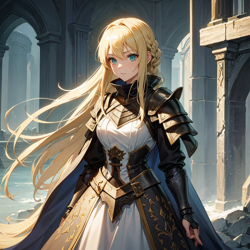 A woman with long blonde hair they would have braided, she would have dark souls style knight armor. Green eyes.