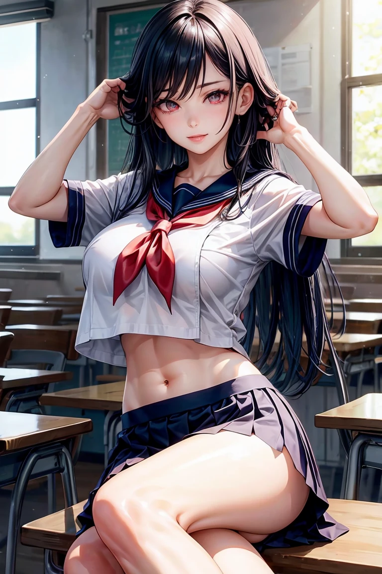 woman, sexy woman, mature female, mommy, black hair, red eyes, detailed eyes, detailed lips, big breasts, short sleeves sailor uniform, sit with crossed legs, classroom, evil smiling, seductive lips, adjusting hair, skirt, hunter eyes, look from below, licking lips, slighty midriff, tattoo, expressionless eyes