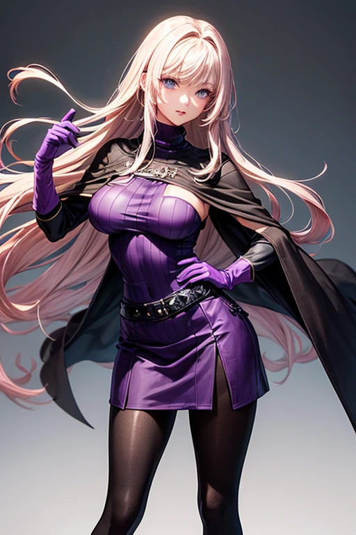 masterpiece, Highest quality,  Unreal Engine,  Super Resolution,  Very detailed, 

1 Girl, malaria, Quiz Magic Academy, blue eyes, length, Narrow eyes, Waist,  thin,  (Muscular:0.8), Round Breasts,  Big Breasts,  bold,  Lips parted,  Observe the audience, 

Are standing, Sexy pose,  Waistショット, 

Magic Class, Simple background anime style,  Key Visual, 

malaria,  ((Deep purple long hair:1.5)), ((Purple Dress)), ((Black Linen Skirt)), (Black Short Cape), (((Pink turtleneck hush net suit))), ((Pink long gloves)), Black long boots, Sticky with sweat,