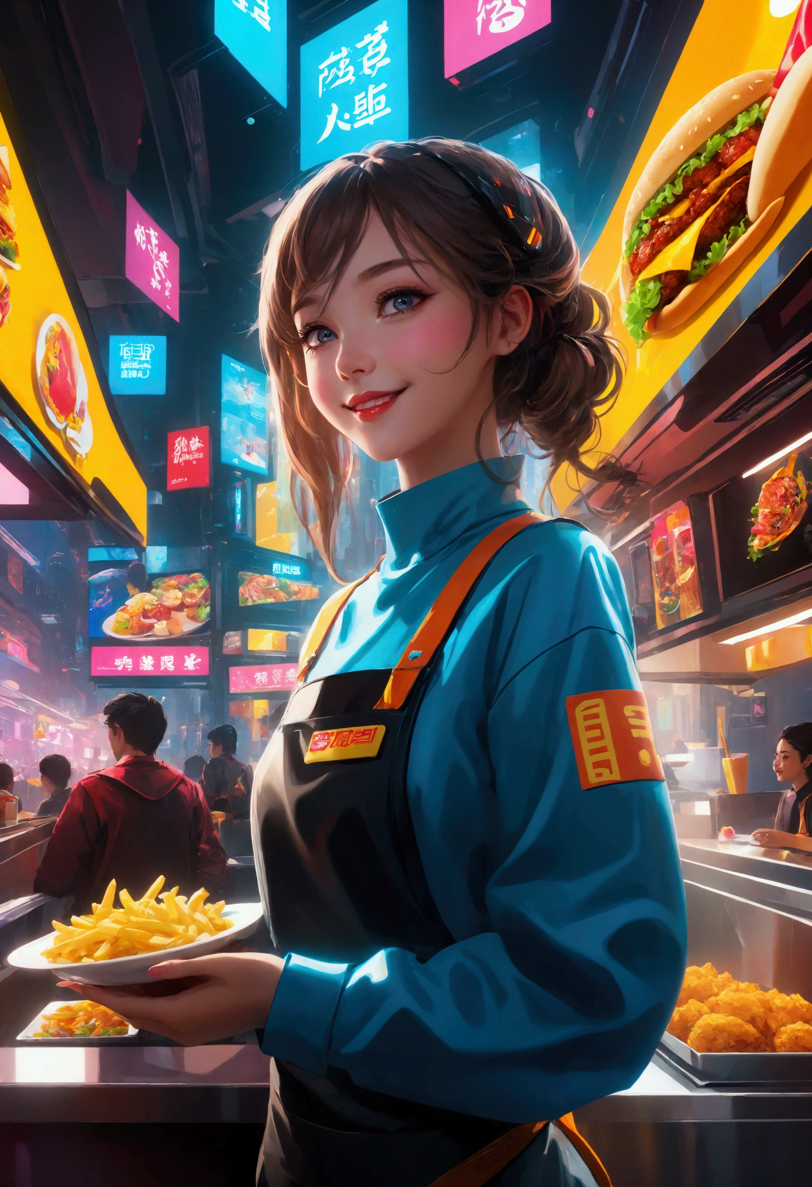 Anime style，super fine illustrations，Highly detailed，Dynamic Angle，Beautiful details，8K， Fast Food Worker, futuristic tech wear, Cyberpunk restaurant，Smiling in the colorful scene。Flat style、（Shining eyes、Beautiful face）、