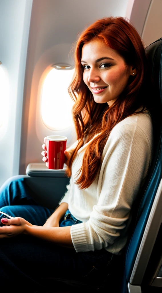 a brunette woman with red hair on a plane with an iphone in hand