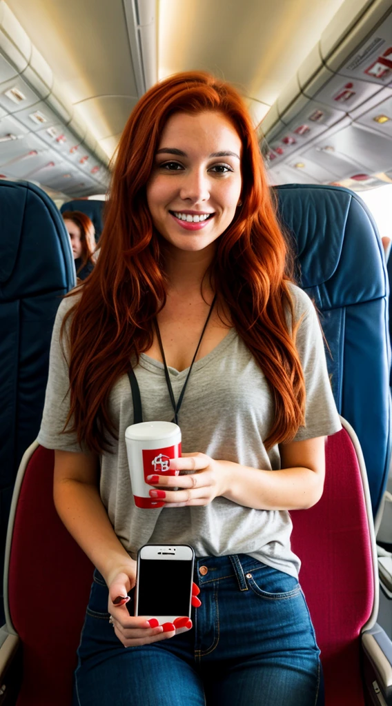 a brunette woman with red hair on a plane with an iphone in hand