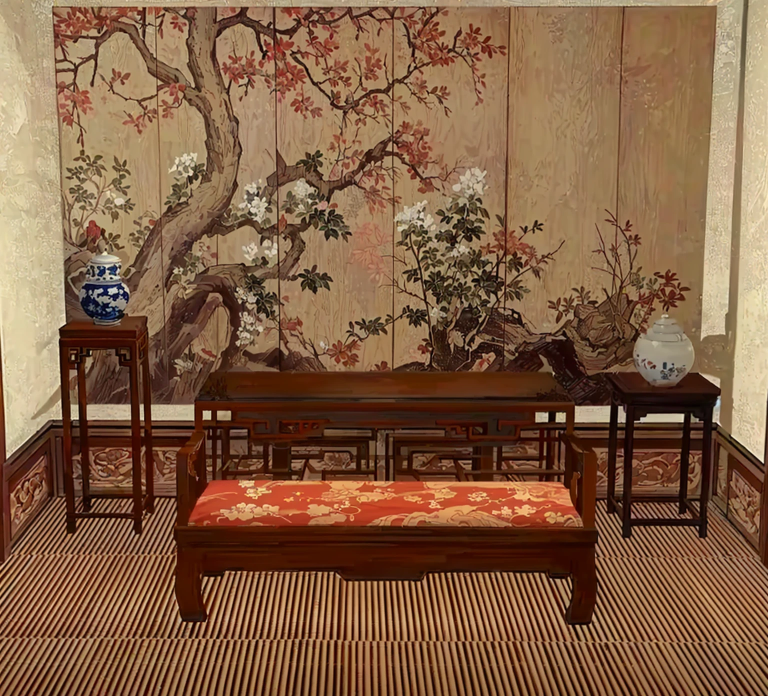 There is a room with a bench, table, There is a painting hanging on the wall, Oriental Wallpaper, Inspired by Yun Shouping, Inspired by Emperor Huizong of Song, Extremely detailed furniture, In line with Chinese aesthetics, Inspired by Xie Shichen, Inspired by Shen Si Zheng, Asian Interior Decoration, Inspired by Dong Yuan, Inspired by Minjin