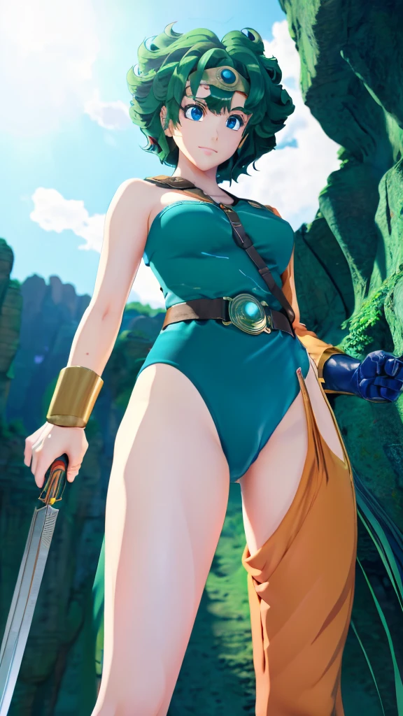 Anime artwork Anime artwork masterpiece,Highest quality, Unreal Engine, Ultra-high resolution, Very detailed丸い胸, 1 medium-chested person,  Waist, thin,(Muscular:0.9)
 heroine, 
Circlet, Curly Hair, Green Hair, short hair, Asymmetrical clothing, leotard, belt, One-handed gloves, Single Sleeve, Single thigh high cave, Holding a sword, . Anime Style, Key Visual, Vibrant, Studio Anime,  Very detailed
