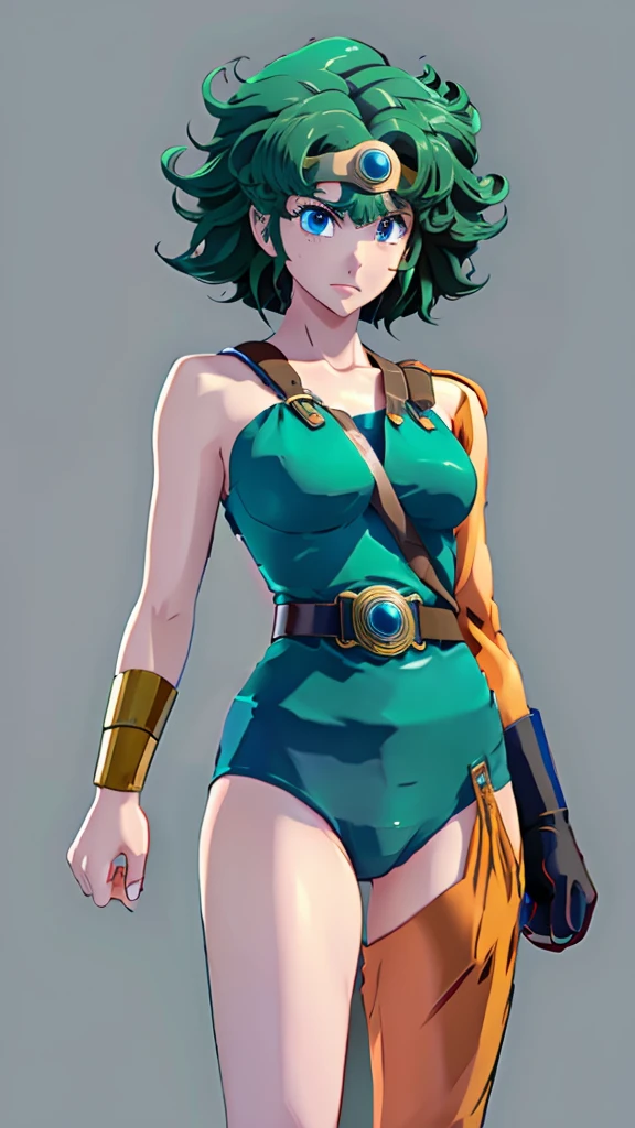Anime artwork Anime artwork masterpiece,Highest quality, Unreal Engine, Ultra-high resolution, Very detailed丸い胸, 1 medium-chested person,  Waist, thin,(Muscular:0.9)
 heroine, 
Circlet, Curly Hair, Green Hair, short hair, Asymmetrical clothing, leotard, belt, One-handed gloves, Single Sleeve, Single thigh high cave, Holding a sword, . Anime Style, Key Visual, Vibrant, Studio Anime,  Very detailed
