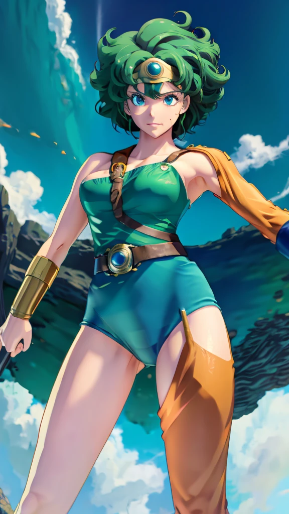 Anime artwork Anime artwork masterpiece,Highest quality, Unreal Engine, Ultra-high resolution, Very detailed丸い胸, 1 medium-chested person,  Waist, thin,(Muscular:0.9)
 heroine, 
Circlet, Curly Hair, Green Hair, short hair, Asymmetrical clothing, leotard, belt, One-handed gloves, Single Sleeve, Single thigh high cave, Holding a sword, . Anime Style, Key Visual, Vibrant, Studio Anime,  Very detailed
