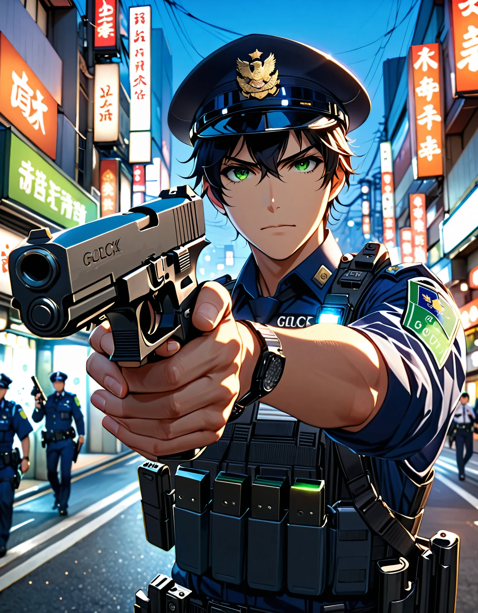 high resolution, (masterpiece:1.4, Hyper-detailing, Young man, male focus, routine patrol, Japanese Police officer, tokyo street, The expression is serious, (perfect hands, holding a gun, holding a pistol, shooter, finger on trigger, glock17), solo, solo focus, black hair, green eyes.
