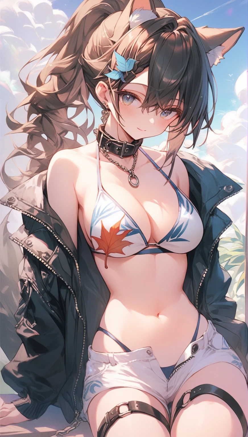 score_9,score_8,score_7,score_8_up,score_7_up、((Masterpiece)), (Best Quality), Solo, miosha1, hair ornament, ponytail, wolf tail, swimsuit, white shorts, thigh strap, black jacket, leaf print, collar, string bikini,