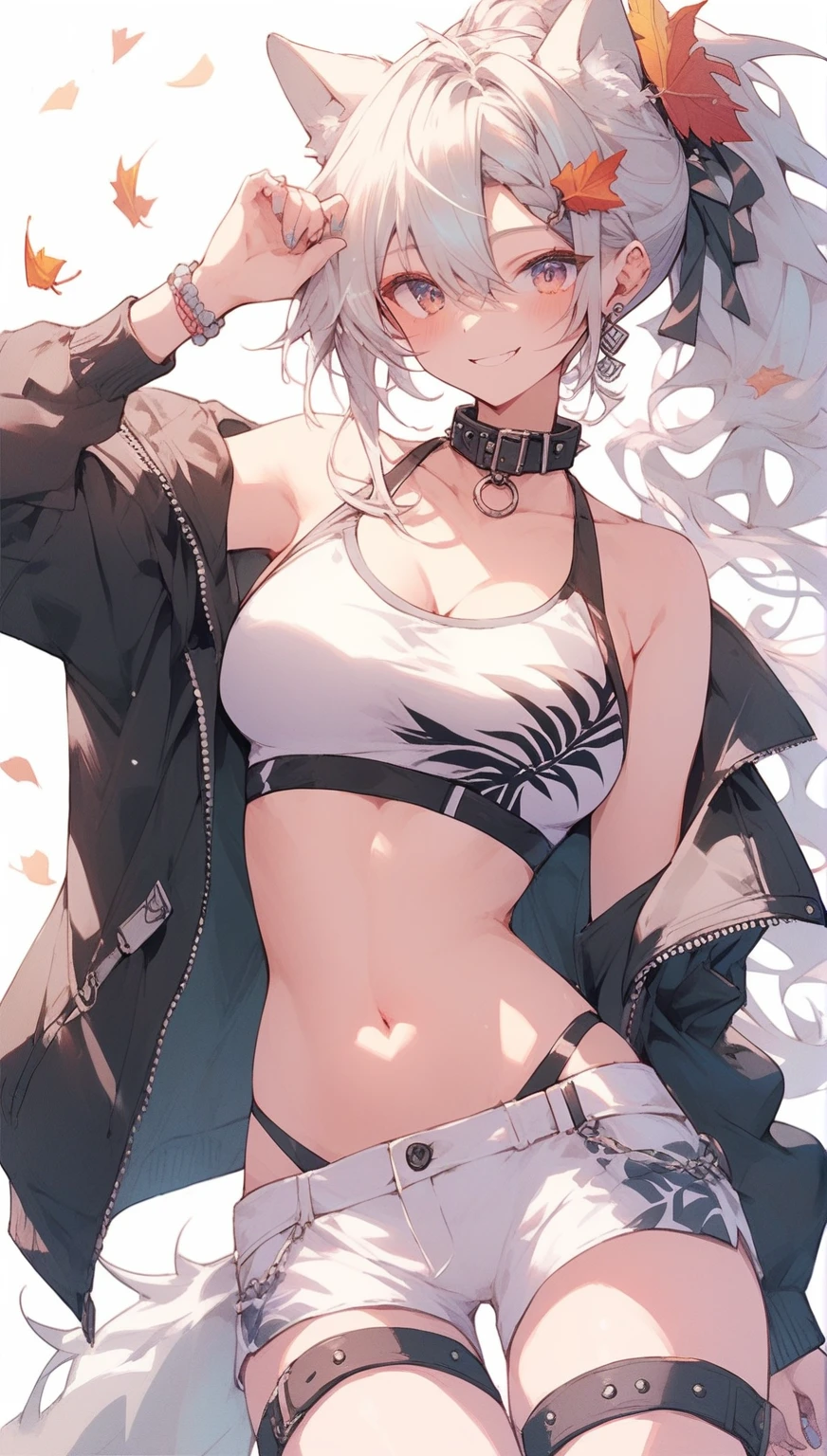 score_9,score_8,score_7,score_8_up,score_7_up、((Masterpiece)), (Best Quality), Solo, miosha1, hair ornament, ponytail, wolf tail, swimsuit, white shorts, thigh strap, black jacket, leaf print, collar, string bikini, 