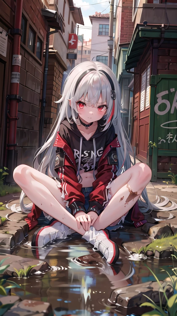 (8K, best quality, master piece: 1.5),super high resolution, One girl, solo, full shot, , ultra-detailed face, detailed eyes, rainbow colored iris, wine red eyes, slant eyes, angry, (Silver gray hair, red streaked hair), Medium chest, ((Muddy and torn clothes)deep bule color), bare legs, bridal garter, Dark back alley, indian style, sitting
