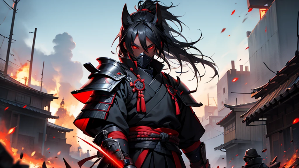 create black samurai with red armor and red eye in the middle of war
