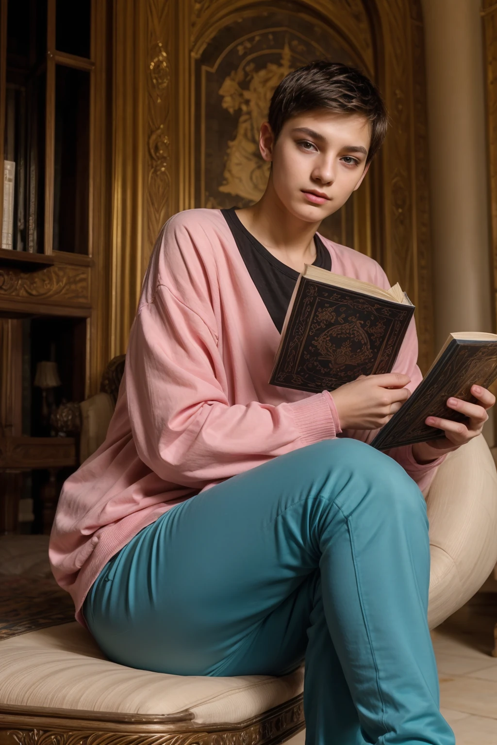 A cute male twink with a face with makeup and black hair, wearing a long-sleeved pink shirt and aqua blue pants, in the historic palace, sitting reading a book.