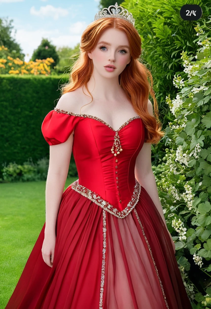 (best high quality:1.5), (8k), extremely detailed, (High details:1.4), Solo, Irish red-haired female with 24 years old, (puffy princess dress), (in garden),