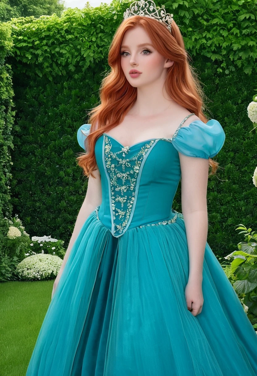 (best high quality:1.5), (8k), extremely detailed, (High details:1.4), Solo, Irish red-haired female with 24 years old, (puffy princess dress), (in garden),