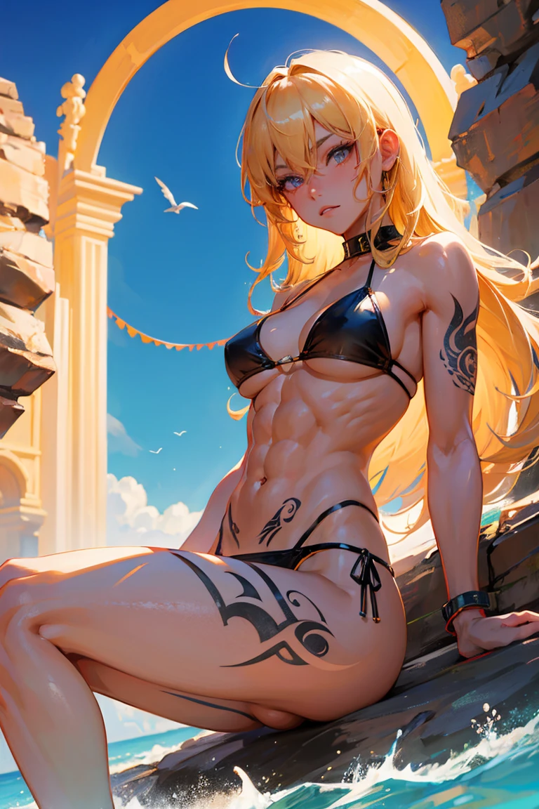 female, solo, blond hair, tanning, Yang Arch, Tattoo, Abs, bikini