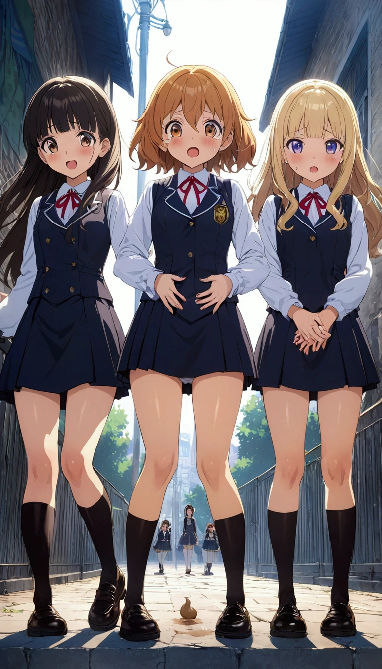 Anime. 4 girls. Young girls. Lovely girls. High school girls. Standing. Full height. Full body. School gate. Stomachs hurt. Hands on bellies. Knees together, feet apart. Girls can't stand straight. Diarrhea. Pooping in panties. They poop on the street. Embarrassment. Tears in my eyes. Beautiful character design. Shiny skin. nswf. Official art. Extremely detailed CG Unity 8k wallpaper. Ideal lighting. Ultra high resolution 4K. Super detailed 8K resolution. A high resolution.