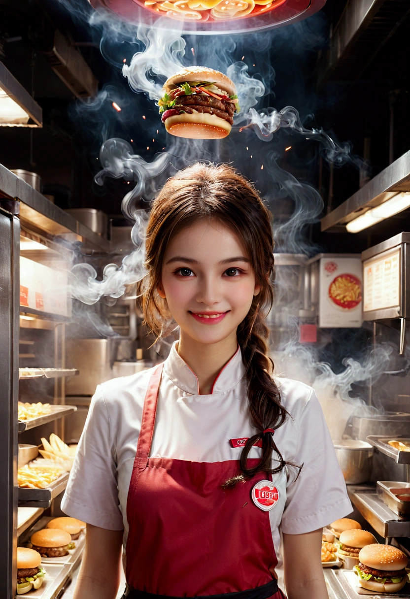1girl, Fast Food Worker, A fast food worker, working at a busy burger restaurant, wearing a red and white uniform, smiling and serving customers, detailed facial features, 8k, dynamic lighting, warm color tones, highly detailed, seamless, volumetric, cinematic composition, clean design, industrial kitchen setting, stainless steel appliances, neon signage, reflective surfaces, steam and smoke effects, immersive atmosphere, dynamic camera angle, cinematic framing, masterpiece, best quality, very aesthetic, absurdres