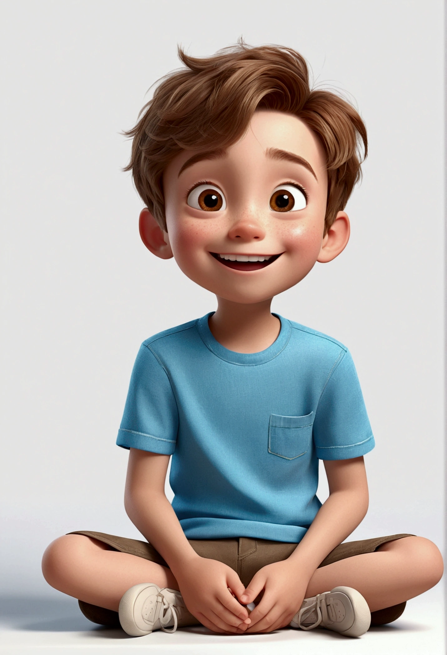 happy and cute boy with short hair, white background, the , Pixar Style, ..3d, cartoon, detailed face, 16k asymmetrical boy, multiple poses and expressions, white background, book illustration style, disney pixar style , simple, cute, s old, bright colors, short light brown hair, fair skin, light blue short-sleeved shirt, denim shorts, intricate details, sitting on the floor, looking forward, expression of happiness, smiling