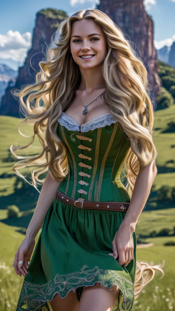 (masterpiece:1.2), (Highest quality), (Super detailed), (8K, 4K, Complex),(Half Body:1.2),(cowboy:1.2),(Very detailed:1.2),(Detailed face:1.2), (Detailed Background),(Portraiture),Detailed landscape,  (Dynamic pose:1.2),Rapunzel One Girl, alone, Long Hair, smile, Blonde, dress, very Long Hair, Green Eyes, Arms crossed, corset, purple dress, Huge breasts,