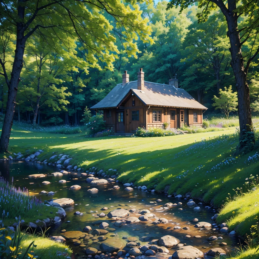 A picturesque cottage in a meadow, surrounded by rolling green hills and a carpet of wildflowers. A clear brook runs under an old wooden bridge, with sunlight filtering through the leaves of nearby trees. Birds fly gracefully above, completing the tranquil scene. (best quality, 4k, 8k, highres, masterpiece:1.2), ultra-detailed, (realistic, photorealistic, photo-realistic:1.37), landscape, natural lighting, vibrant colors, serene.