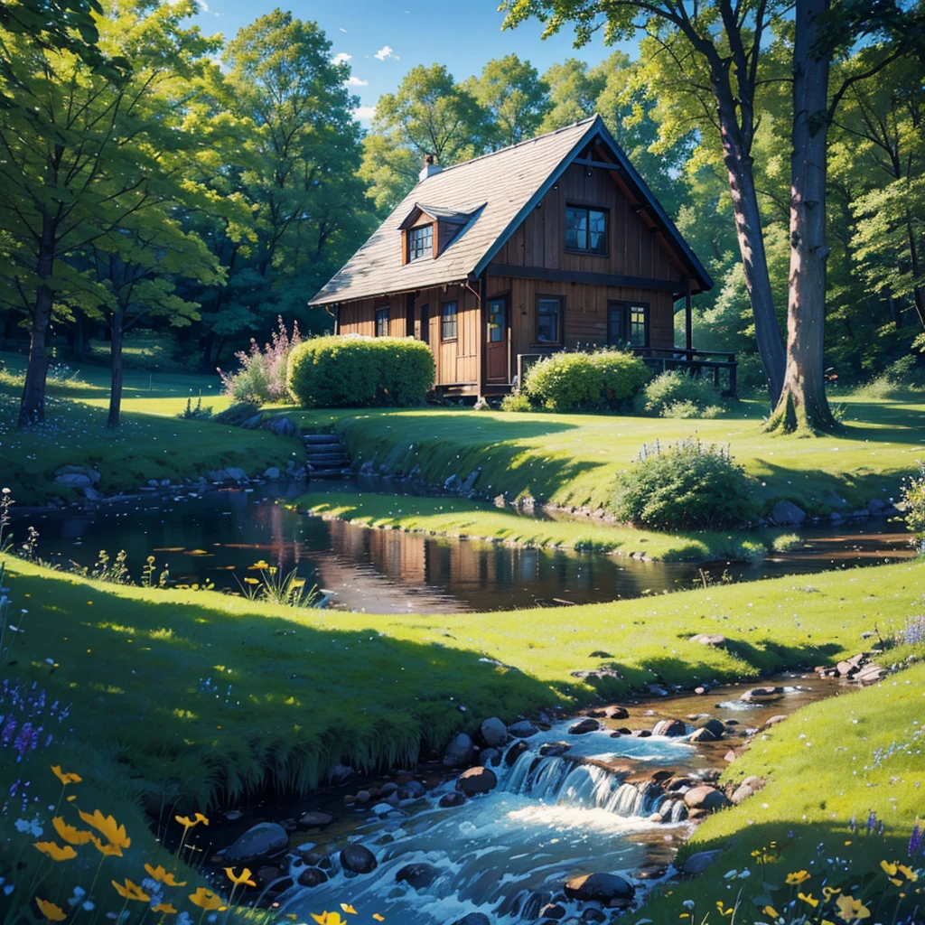 A picturesque cottage in a meadow, surrounded by rolling green hills and a carpet of wildflowers. A clear brook runs under an old wooden bridge, with sunlight filtering through the leaves of nearby trees. Birds fly gracefully above, completing the tranquil scene. (best quality, 4k, 8k, highres, masterpiece:1.2), ultra-detailed, (realistic, photorealistic, photo-realistic:1.37), landscape, natural lighting, vibrant colors, serene.