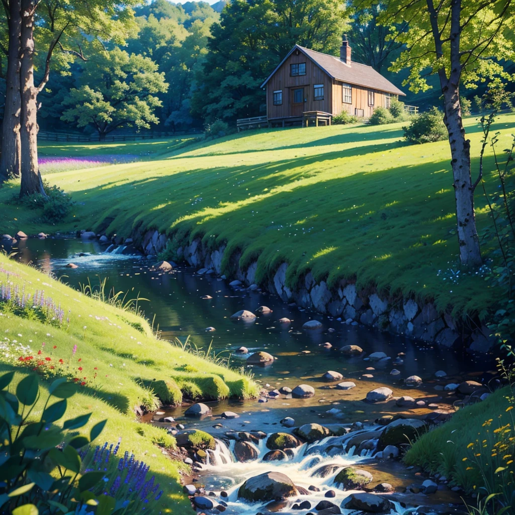 A picturesque cottage in a meadow, surrounded by rolling green hills and a carpet of wildflowers. A clear brook runs under an old wooden bridge, with sunlight filtering through the leaves of nearby trees. Birds fly gracefully above, completing the tranquil scene. (best quality, 4k, 8k, highres, masterpiece:1.2), ultra-detailed, (realistic, photorealistic, photo-realistic:1.37), landscape, natural lighting, vibrant colors, serene.