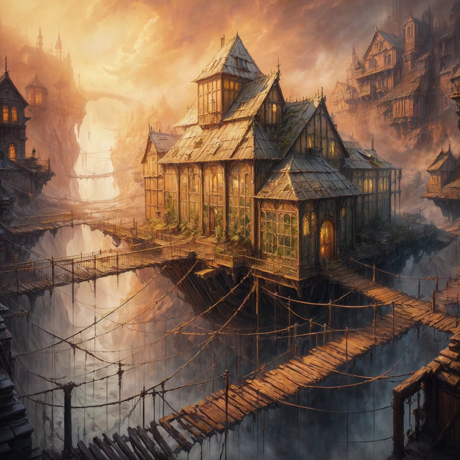 painting of a house over a deep foggy chasm, by Ludwik Konarzewski Jr, andreas rocha style, by Alexander Kucharsky, detailed matte fantasy painting, symmetrical epic fantasy art, bussiere rutkowski andreas rocha, andreas rocha and john howe, by Aleksander Kobzdej