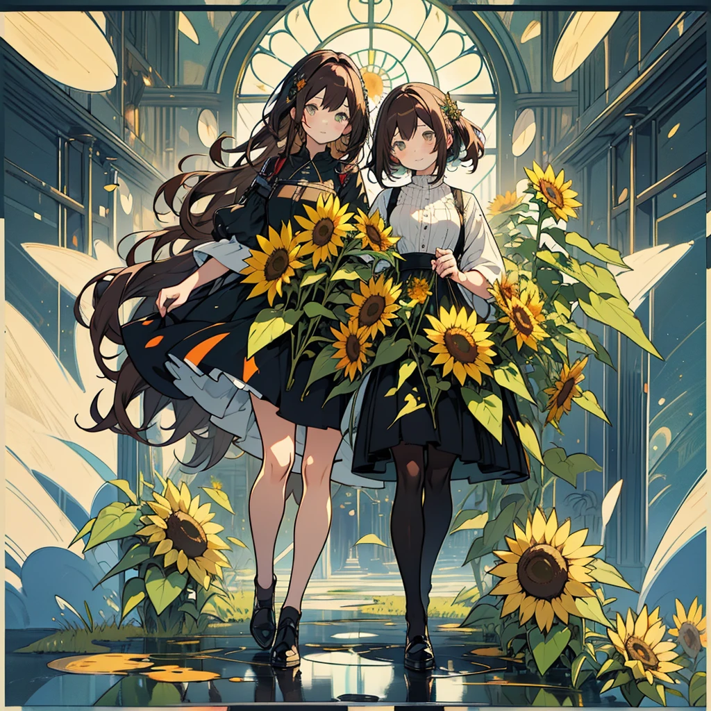 kawaii, anime, Cute, hyper quality, highly detailed, 16k, Front facing, Clarity, full body, one girl, girl, brown long hair, green eyes, sunflower, countless sunflowers, surrounded by sunflowers, Trapped inside a Van Gogh painting, ephemeral, paint, paint, brush, canvas, art supplies, oil, wonder, mysterious, rainbow colored sunflowers, Richly colored, Brightly colored sunflowers, highlight on eyes, long hair, splattered ink, scribble, handwriting, color palette, dark brown hair, long hair flowing, Draw eyes clearly, art, art, 	