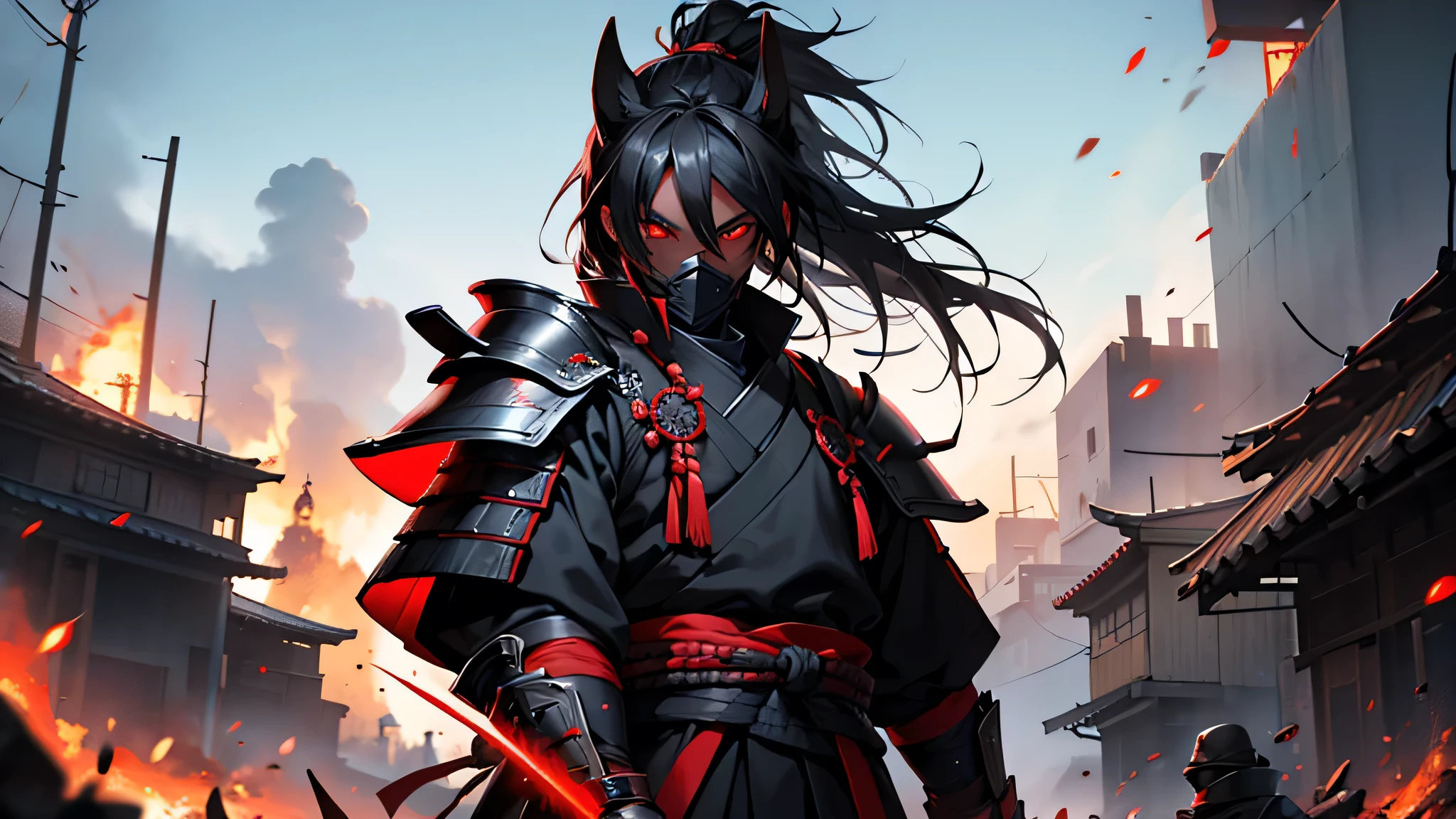 create black samurai with red armor and red eye in the middle of war