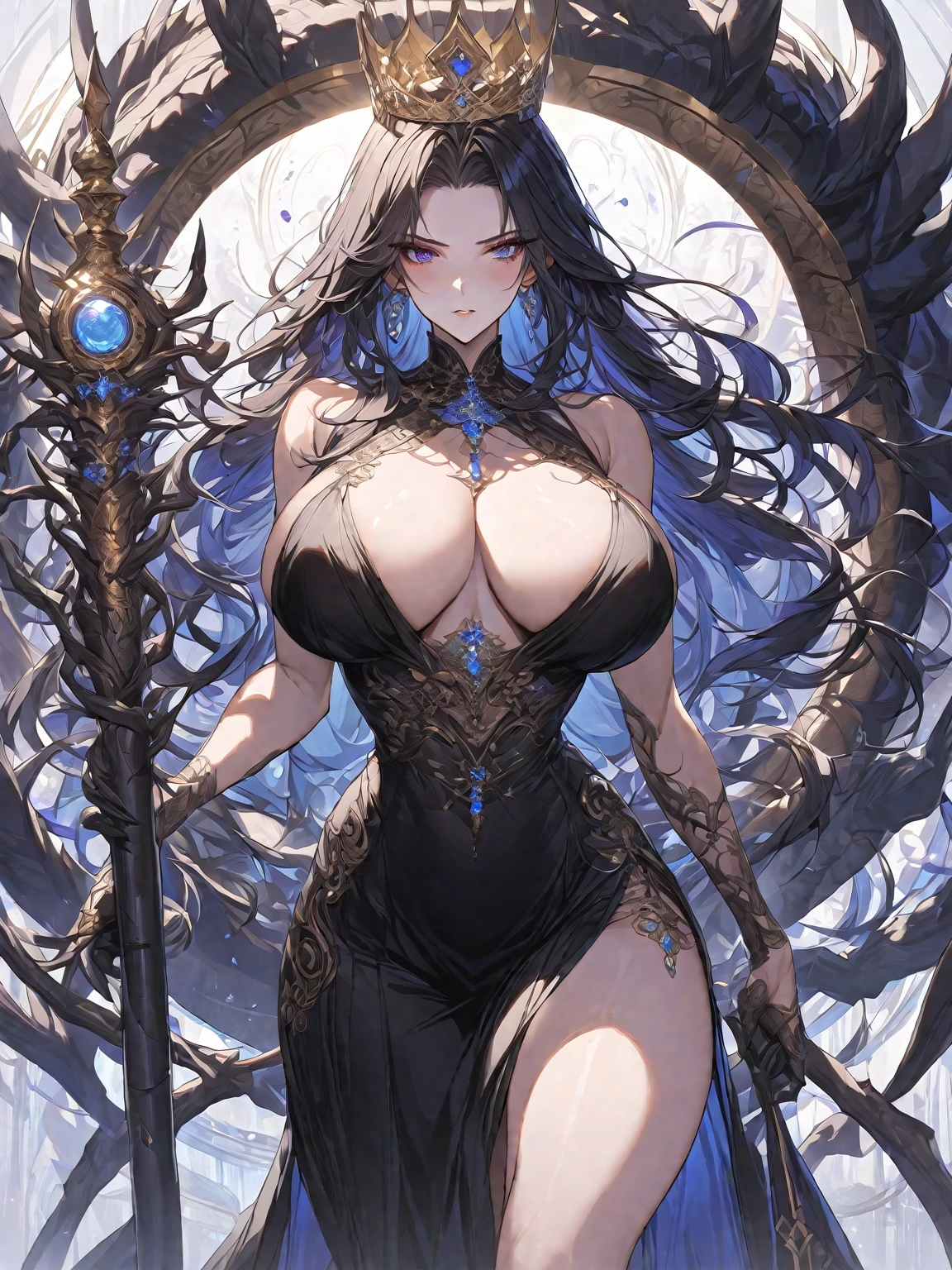 A masterpiece, very detailed, ultra-detailed, one (1 woman), she is in a long black dress with red details, with a slit on her legs, in her dragon hands she holds a long black wooden staff. Her crown is made of black twigs, and decorated with a light blue gemstone, long hair, black hair, beautiful, charming, in the eyes of a golden magic circle that rotate clockwise), elegant, She has a soft and lush body, huge breasts (big), serious face, charming, she stands against the background of magical circles.