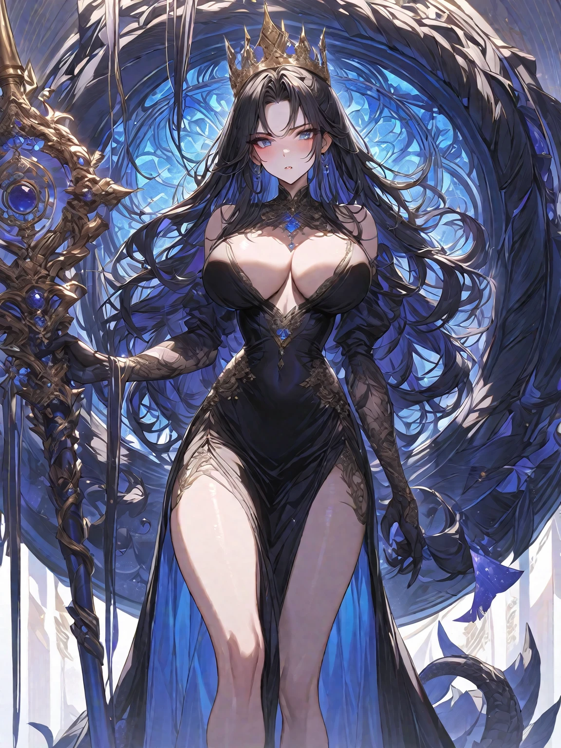 A masterpiece, very detailed, ultra-detailed, one (1 woman), she is in a long black dress with red details, with a slit on her legs, in her dragon hands she holds a long black wooden staff. Her crown is made of black twigs, and decorated with a light blue gemstone, long hair, black hair, beautiful, charming, in the eyes of a golden magic circle that rotate clockwise), elegant, She has a soft and lush body, huge breasts (big), serious face, charming, she stands against the background of magical circles.