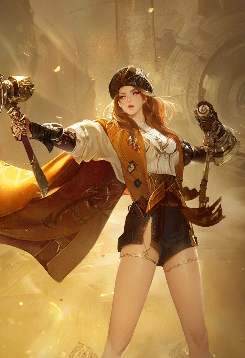 There was a woman with a sword，Wearing a hat，Shield in hand, class, Carol is behind the uhd, From ncsoft, Ruan Jia and Artgerm, Kushat Krenz Key Women in Art, Miss Doom, League of Legends, Artgerm and Ruan Jia, author：Yang J, estilo de fantasia steampunk