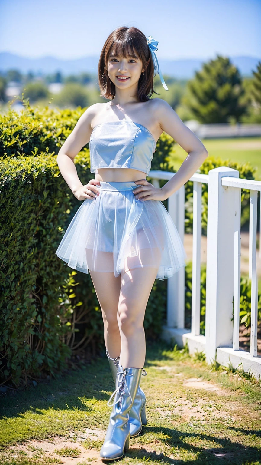 (8K、RAW Photos、Highest quality、masterpiece:1.2)、(Highest quality、Realistic)、1 Girl、((Tube top、mini skirt、Idol Costume、ribbon、Medium Hair、See-through、smile、Silver and light blue、lame、Thin legs、whole body、boots、garden、View from the front、Looking into the camera、Stand with hands on hips))、cute