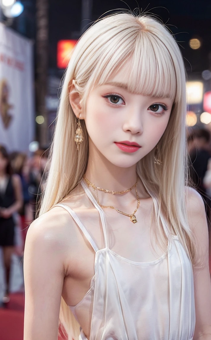 ((masterpiece:1.2、Highest quality、Tmasterpiece))、1 female、alone、classroom、Day、(Korean Actress:1.2)、(Are standing:1.4)、blonde、(Hime Hair:1.4)、Wavy Hair,Beautiful legs、((High-end brand halter dresses:1.4))、(Beautiful white skin:1.4)、(Small breasts:1.5)、Hoop Earrings、lipstick、Ring Choker、blush、smile、Covered breasts、(Thick lips:1.2)、Detailed body、Very detailed絵画, Luminism、4K resolution、3D Rendering、Exquisitely crafted , Cinematic、Realistic、Hit definition、Abstract Beauty、Approaching perfection, Pure Form, Golden Ratio、Very detailed, Digital photography, Soft natural light, 50mm lens, F1.8 Vacancies、blush、Small face、(Tight waist:1.3),(albino:1.5),(anorexia:1.3),(Sickly:1.2),(Face close-up:1.4),(Wave Long:1.2),(Red carpet:1.3),(Film festival:1.5)、smile,(Big eyes:1.3)