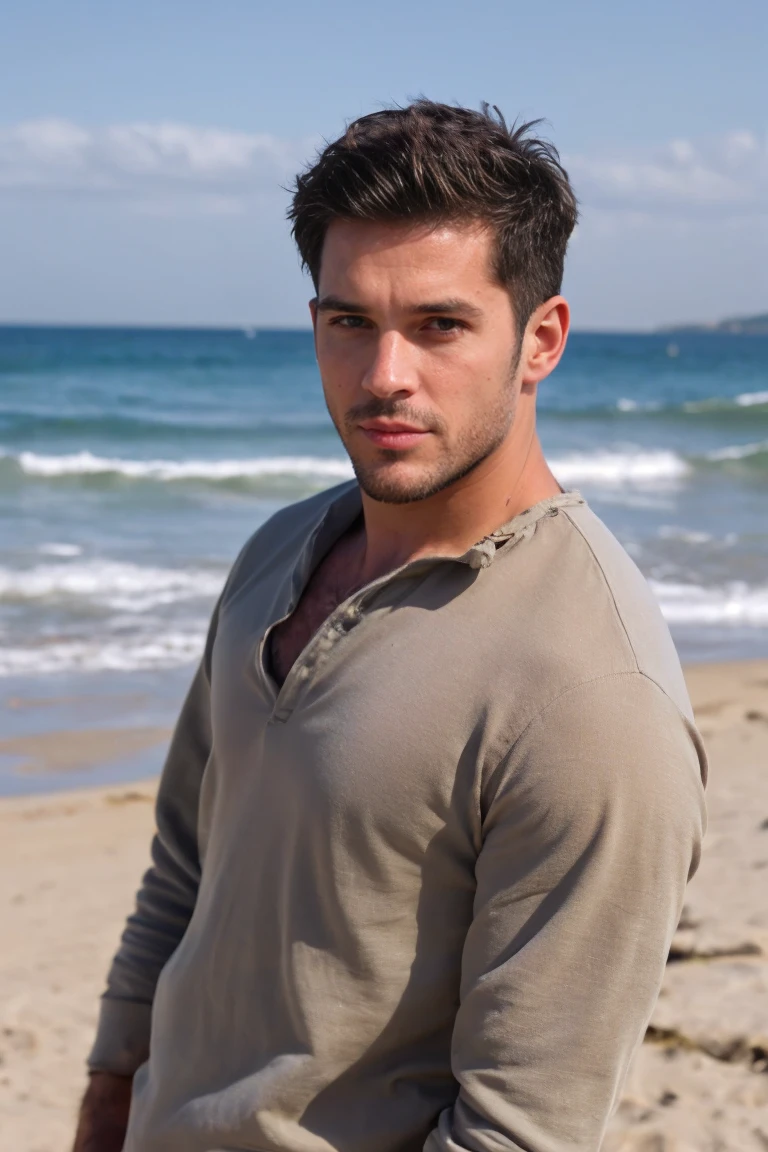 Realistic photography, handsome man ,beach