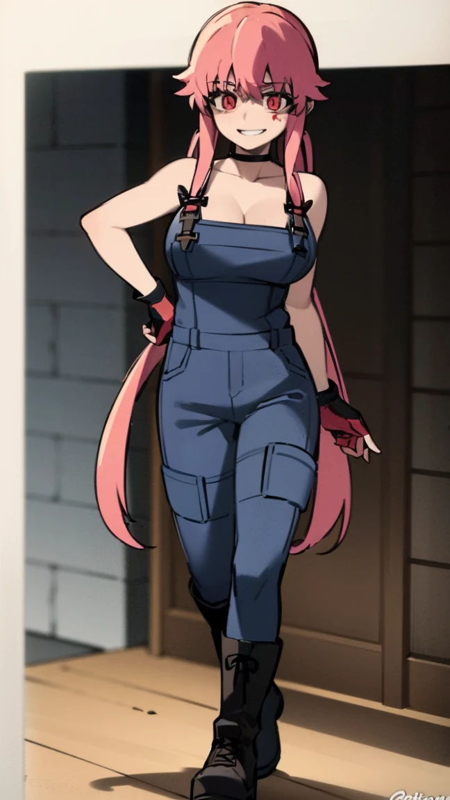 anime_still, masterpiece, best quality, 1girl, Gasai Yuno, long hair, pink hair, low twintails, smile, naked, red eyes, (large breasts:1.5),1girl, black choker, dark grey, (overalls:1.25), leather gloves, black boots, ((nigth:1.5)), (chasing you through the woods BY yuno gasai), moonlight, blood on floor, horror scane, (evil smile:1.4), (evil eyes:1.6), (horror_movies:1.5), (woods:1.6),(dark:1.7), (out_boors), blood on hands,blood stain