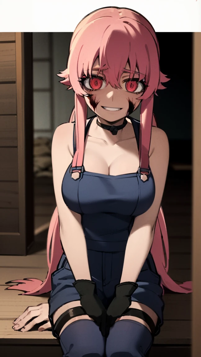 anime_still, masterpiece, best quality, 1girl, Gasai Yuno, long hair, pink hair, low twintails, smile, naked, red eyes, (large breasts:1.5),1girl, black choker, dark grey, (overalls:1.25), leather gloves, black boots, ((nigth:1.5)), (chasing you through the woods BY yuno gasai), moonlight, blood on floor, horror scane, (evil smile:1.4), (evil eyes:1.6), (horror_movies:1.5), (woods:1.6),(dark:1.7), (out_boors), blood on hands,blood stain