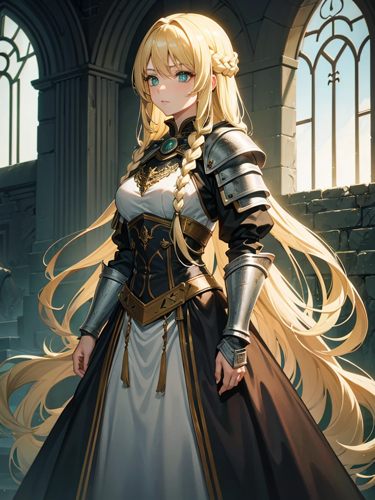 A woman with long blonde hair they would have braided, she would have dark souls style knight armor. Green eyes.