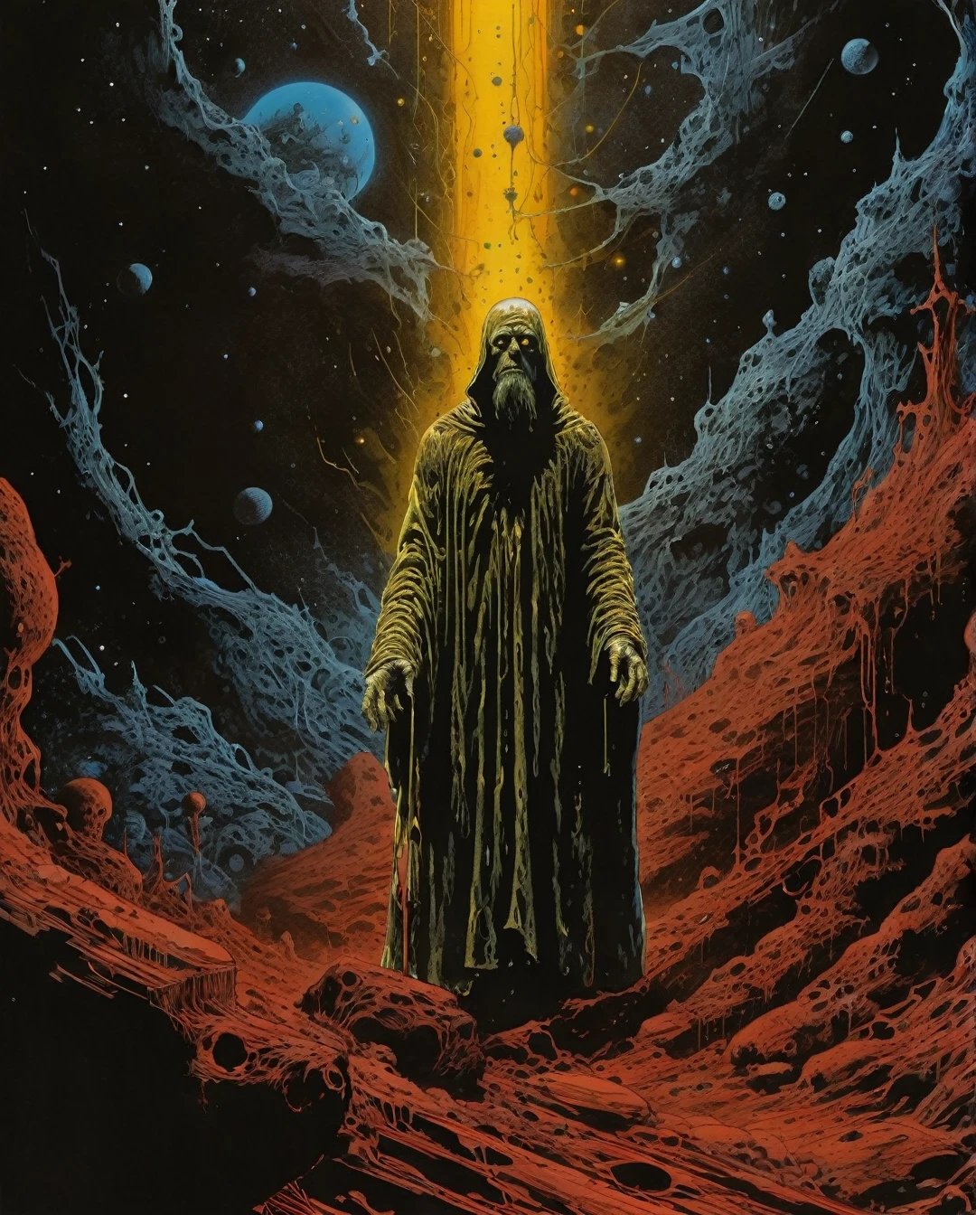 Art style by Noriyoshi Ohrai, Hajime Sorayama, Hiroshi Nagai, (Masterpiece, Top Quality, Super Detail, High Resolution, Best Illustration), Create a mesmerizing illustration of a wizard, depicted in the vibrant, colorful style of Moebius, infused with elements of cosmic horror. Use trompe-l'œil illusionistic detail to create a sense of depth and intrigue, making the viewer feel as though they are peering into another dimension. The color palette should focus on dark aquamarine hues, evoking a dreamlike, ethereal atmosphere. Incorporate sleepycore elements, such as soft, whimsical features and tranquil settings, to contrast with the unsettling aspects of cosmic horror. The overall composition should be a stunning masterpiece that captivates the viewer, blending fantasy and surrealism into a harmonious yet haunting visual experience.
......., maximalist art, by Moebius and Hariton Pushwagner, (ambient occlusion, masterful, beautiful), poster art, bold lines, hyper detailed, expressive, award winning, (landscape:1.4), (intricate details, masterpiece, best quality:1.4), looking at viewer, dynamic pose, wide angle view, in the style of nicola samori , futuristic style, sleek, ultra modern, high tech, ornate by Moebius and by Marc Simonetti, clean lines, geometric shapes, Minimalist color scheme of red and cyan
mkitdecy, rust, cracks brutalism, style by Tom Jung and Drew Struzan and Tim and Greg Hildebrandt, ((style by artgerm and Greg Manchess and Ilya Kuvshinov))
