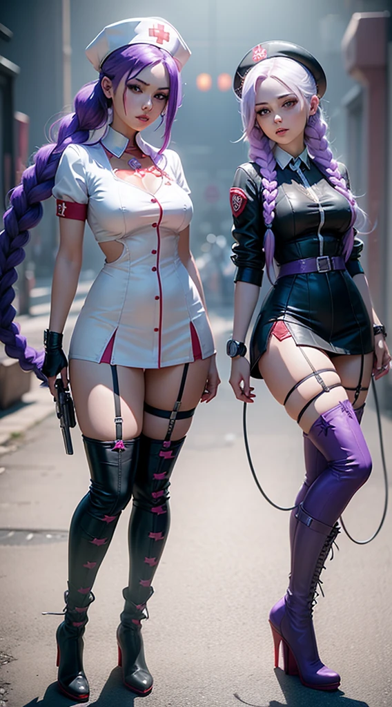 Jinx Nurse，Nurse Hat，(White nurse costume)，Red rose tattoo，Blue twisted braid，With a machine gun，League of Legends ，Full Body Esbian，(knee-high boots)),purple rosin mesh leggings),(stand on one&#39;s feet)，The background is the city street，There is a feeling of danger and intensity。