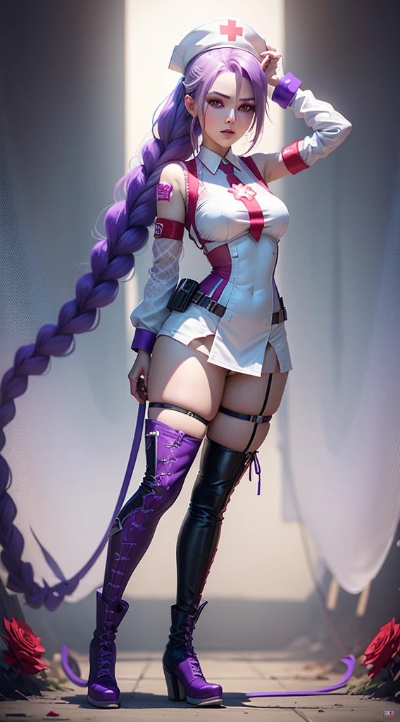 Jinx Nurse,Nurse Hat,(White nurse costume),Red rose tattoo,Blue twisted braid,With a machine gun,League of Legends ,Full Body Esbian,(knee-high boots)),purple rosin mesh leggings),(stand on one's feet),The background is the city street,There is a feeling of danger and intensity。
