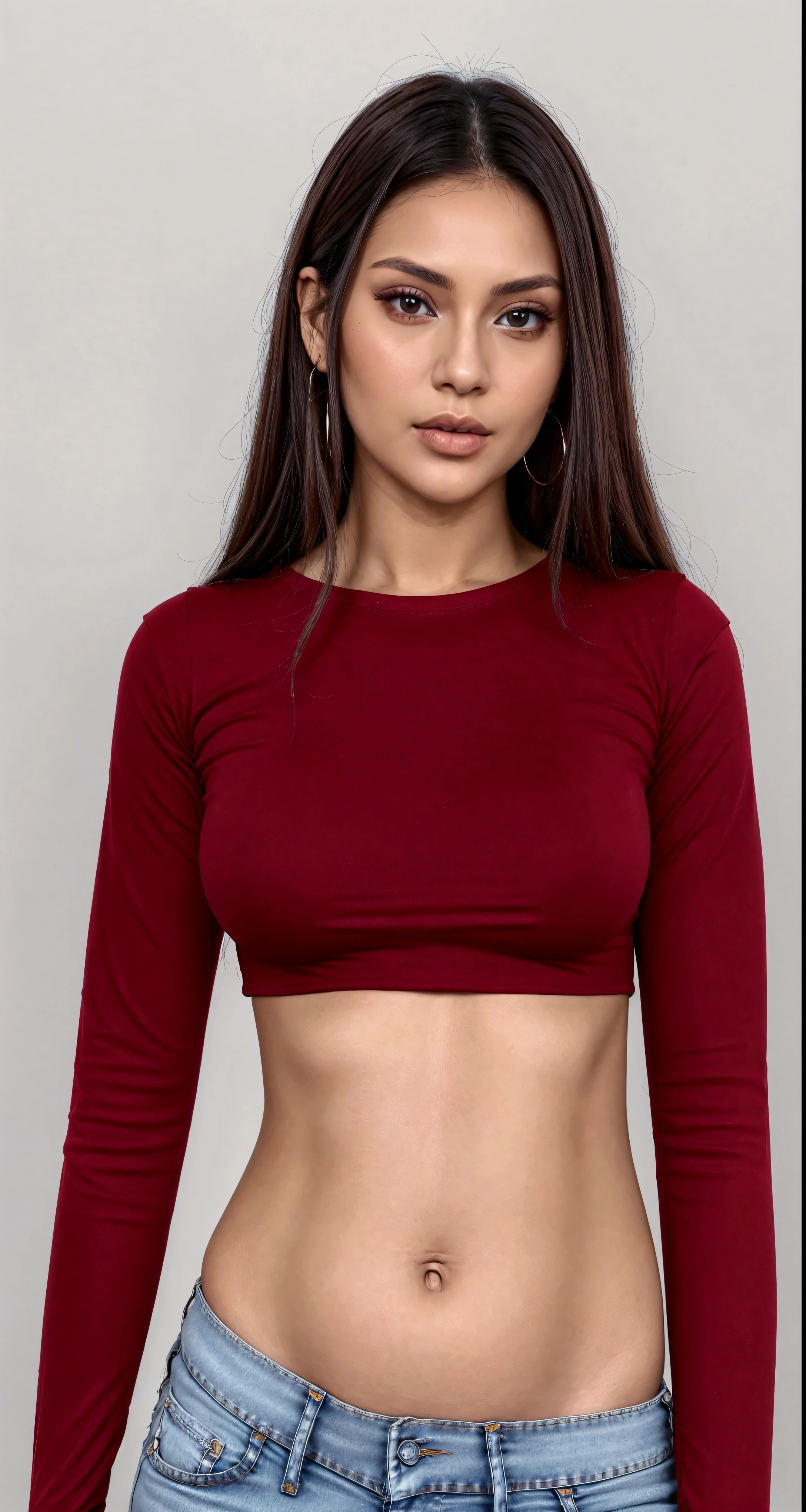 A closeup of a woman wearing a red shirt and jeans, usando um top cropped sexy, top cut, top cut, wearing top cut, manga larga cropped, wearing a cropped top, long sleeves, wearing a cropped tops, close-up of the upper body, wearing a top cut, half body cut, nude belly, exposed belly