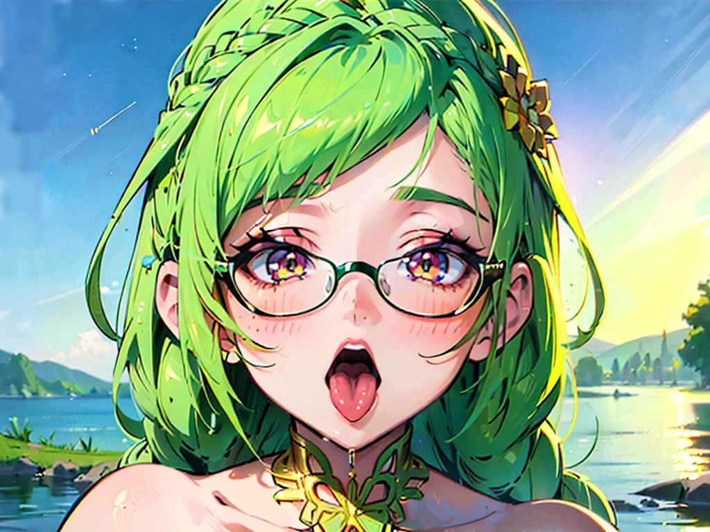 (8k, masterpiece, Best Quality, ultra-detailed, Professional lighting, beautiful detailed faces, bright colors) beautiful chubby mature woman, naked, long green hair tied in a braid, happy smile mouth open tongue out, rolling eyes, wearing glasses, oppai, oppai proportions, golden eyes, whole body visible, outdoor near a lake, pov, missionary fucked