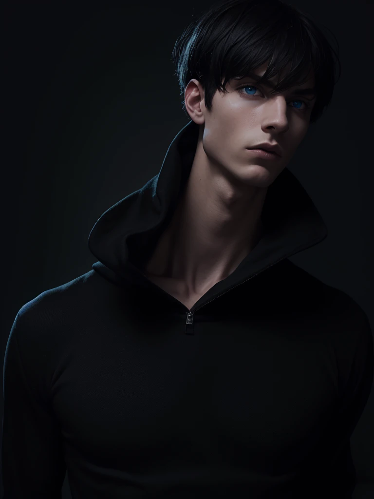 (best quality), 1boy, male, pale skin, black hair, short hair, tousled hair, messy bangs, bangs over eyes, blue eyes, perfect eyes, dark circles under eyes, lanky body, boyish, strong jawline, frown, attractive, goth boy, long sleeved black crop top, masculine body, black nails, black earstuds, masterpiece, anatomically correct, highres