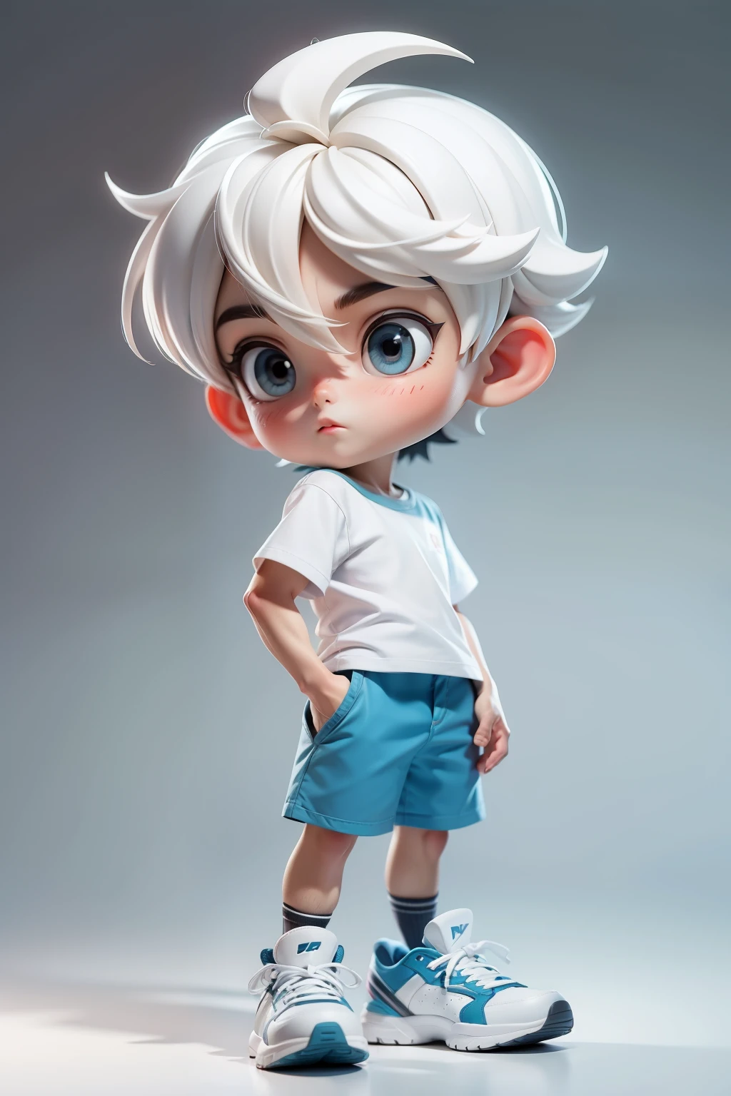 Boy with white short hair, white short-sleeved shirt, blue shorts, white sneakers