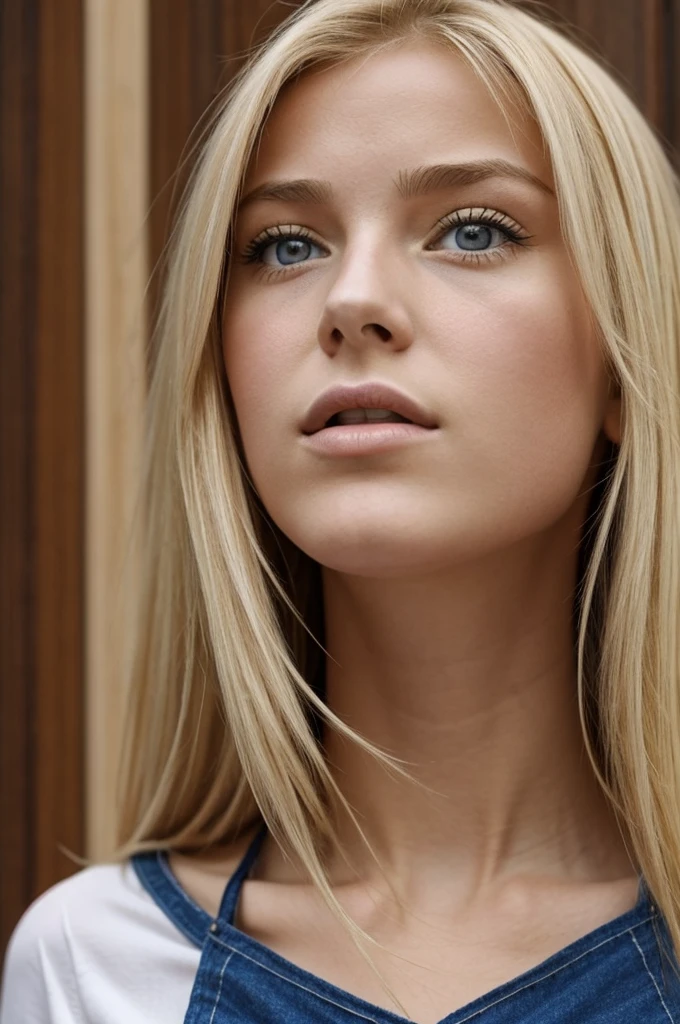 Une triste fille blonde de 18 ans. clivage. Nattes. bouche légèrement ouverte. tir d'en haut. Vue à vol d'oiseau alors qu'elle regarde le spectateur. super gros-plan. Agenouillé sur un plancher en bois,nue