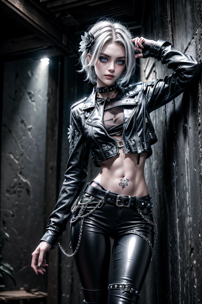 (Detailed illustrations, Very detailed and detailed drawing, Delicate lines with slow and rapid, Realistic texture expression), One woman with very short black hair , ( emo hairstyle, ), goth, pale white skin, evil smirk, (girls bedroom background), dark lighting, cold atmosphere, lore_Emma , blue eyes , dark eyeliner, (ultra dark glossy black lipstick), bored expression, gorgeous face , super cute, 18 years old , hyper detailed face, (super skinny figure , small breast, thin waist), back leaning against wall, one raised arm behind head, slim legs, slim hips, LowriseXL, (ultra low rise wet look shiny leather pants with transparent flower pattern), (mesh shirt with flower pattern), black choker, vulva tattoo, (white lotus flower in hair), ((flower pattern tattoo)), fingerless leather gloves, (black nail polish), faded tattoo's, ((thigh belt)), ((hip chains)), ((belt hanging on hip)), ((many studded belts)), ((black leather jacket with white fur trim))