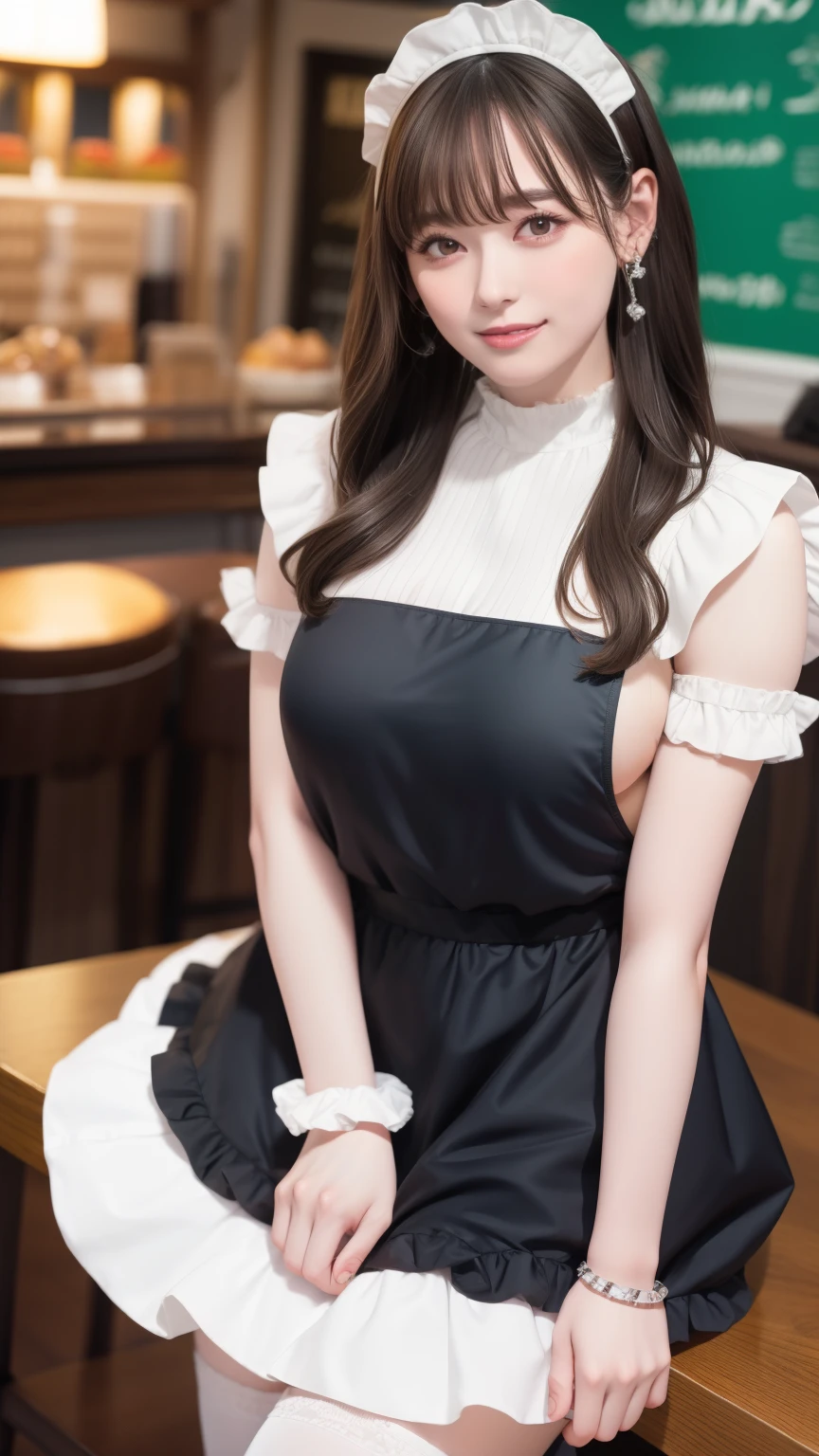 Brown Hair、Blunt bangs、((Large Breasts:1.3))、Heavy eye makeup、Black maid outfit、mini skirt、((Frill headband、White ruffled apron))、Ruffled knee-high socks、((Cafe Background))、Cute Smile