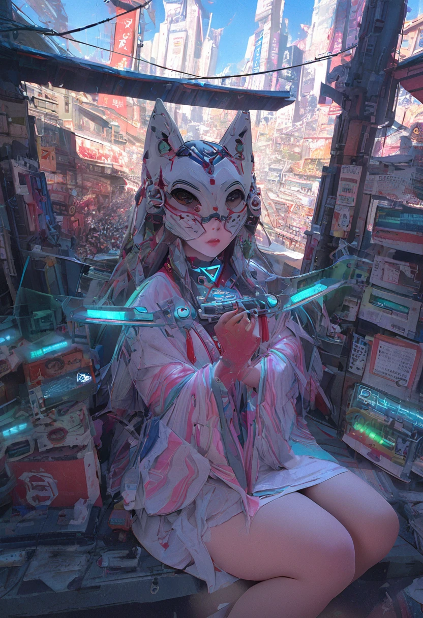 Capturing the essence of futurism, shadow over face, And the flashing lights of electronic devices. The art is very realistic,Cyberpunk面具，1 Girl, Shrine maiden，Fox Mechanical Mask，Cyberpunk, Cyberpunk面具，Precision mechanics， summer，Shrine maiden服， Big Perspective，Overlooking，Sitting and looking up at the camera，Close shot，Focus on the characters，Exquisite design，